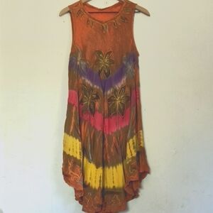 Boho Multi Color Gauzey Embroidered Sleeveless Tie-Dye Dress Cover Up Sz 1X Wom